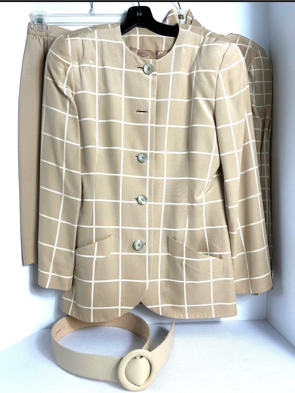 David Hayes 5 Piece Set Silk Blazer Blouse Skirt Belt Scarf Checkered Suit Sz 10